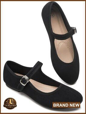 Womens Mary Jane Flats with Strap Faux Suede Round Toe Comfortable Dressy
